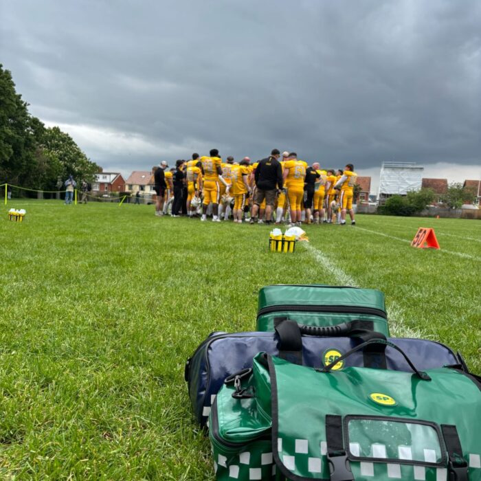 Medical response bag pitchside at a rugby match